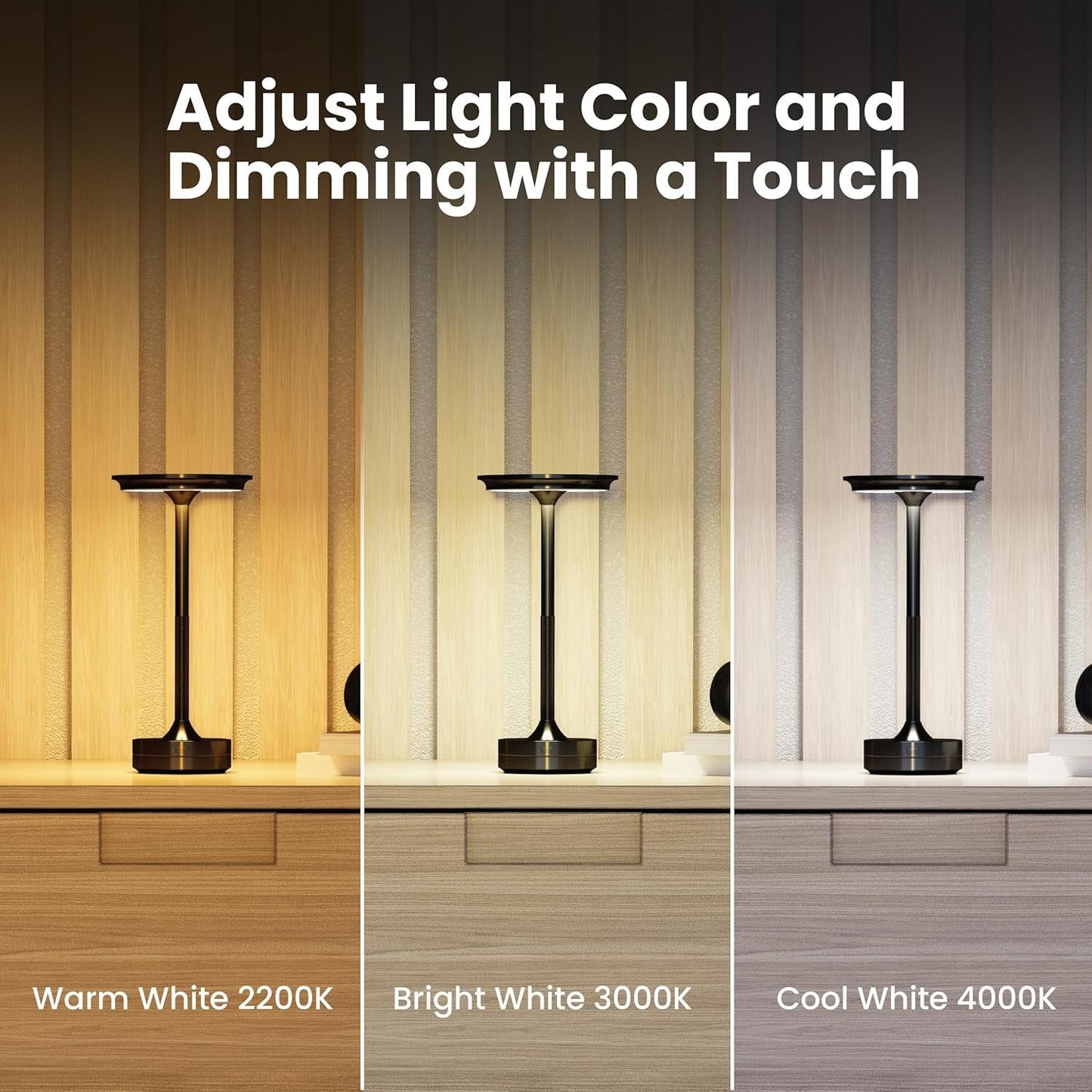 Cordless LED Table Lamp – Touch Dimming, 3 Color Modes, USB-C Rechargeable